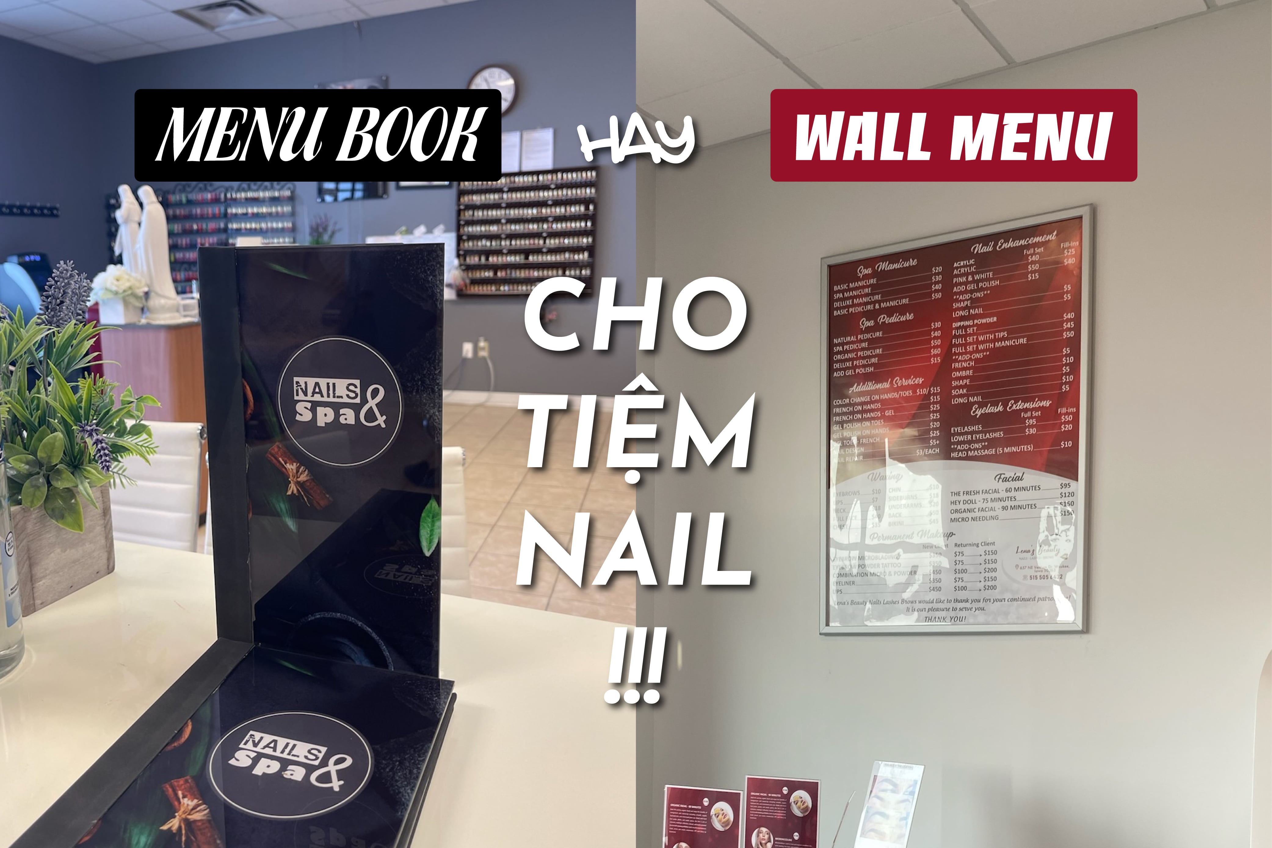 Menu book hay bảng giá treo tường cho tiệm nail?